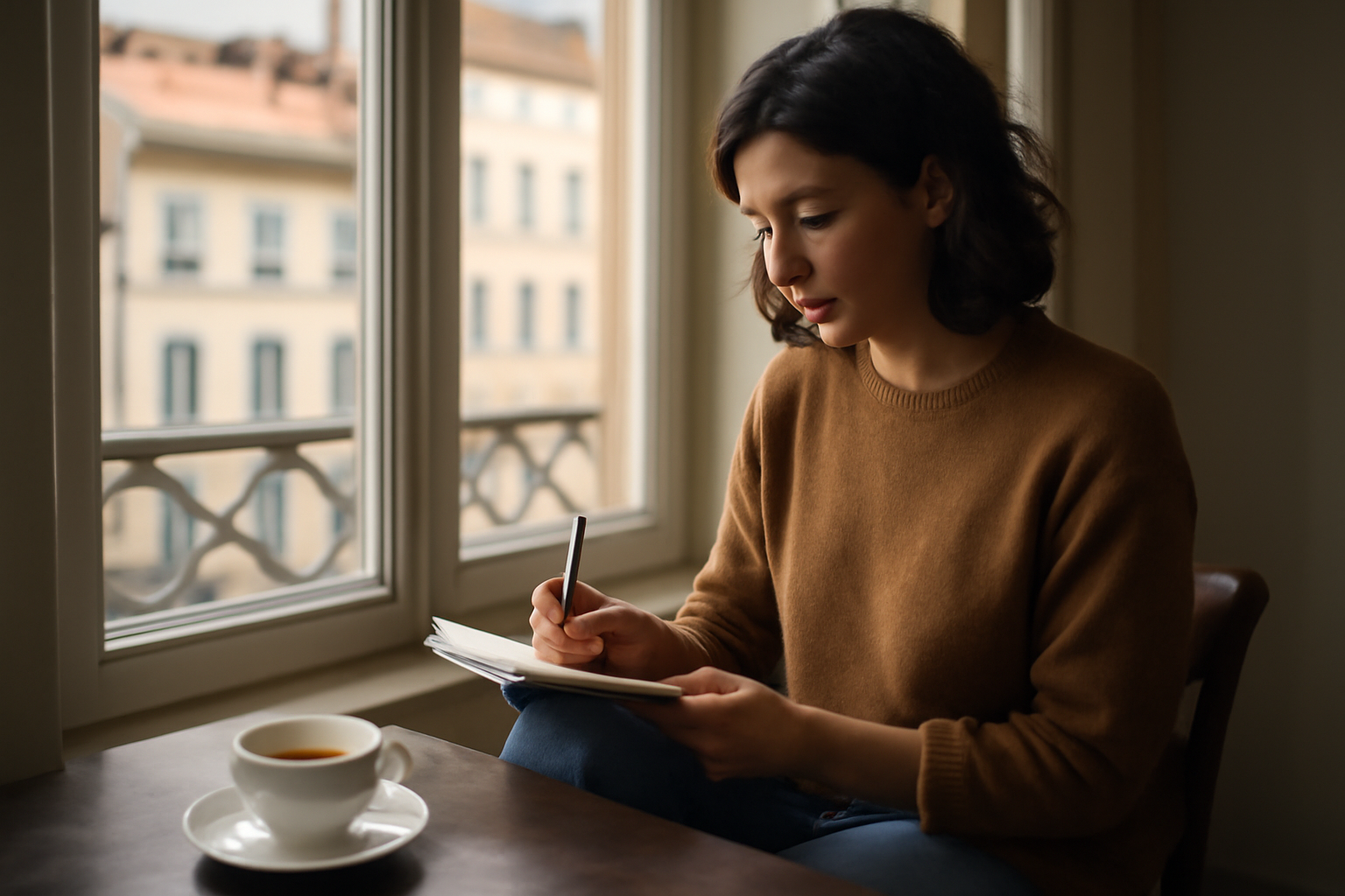 Personne à Lyon tenant un carnet près d'une fenêtre, ambiance calme du matin