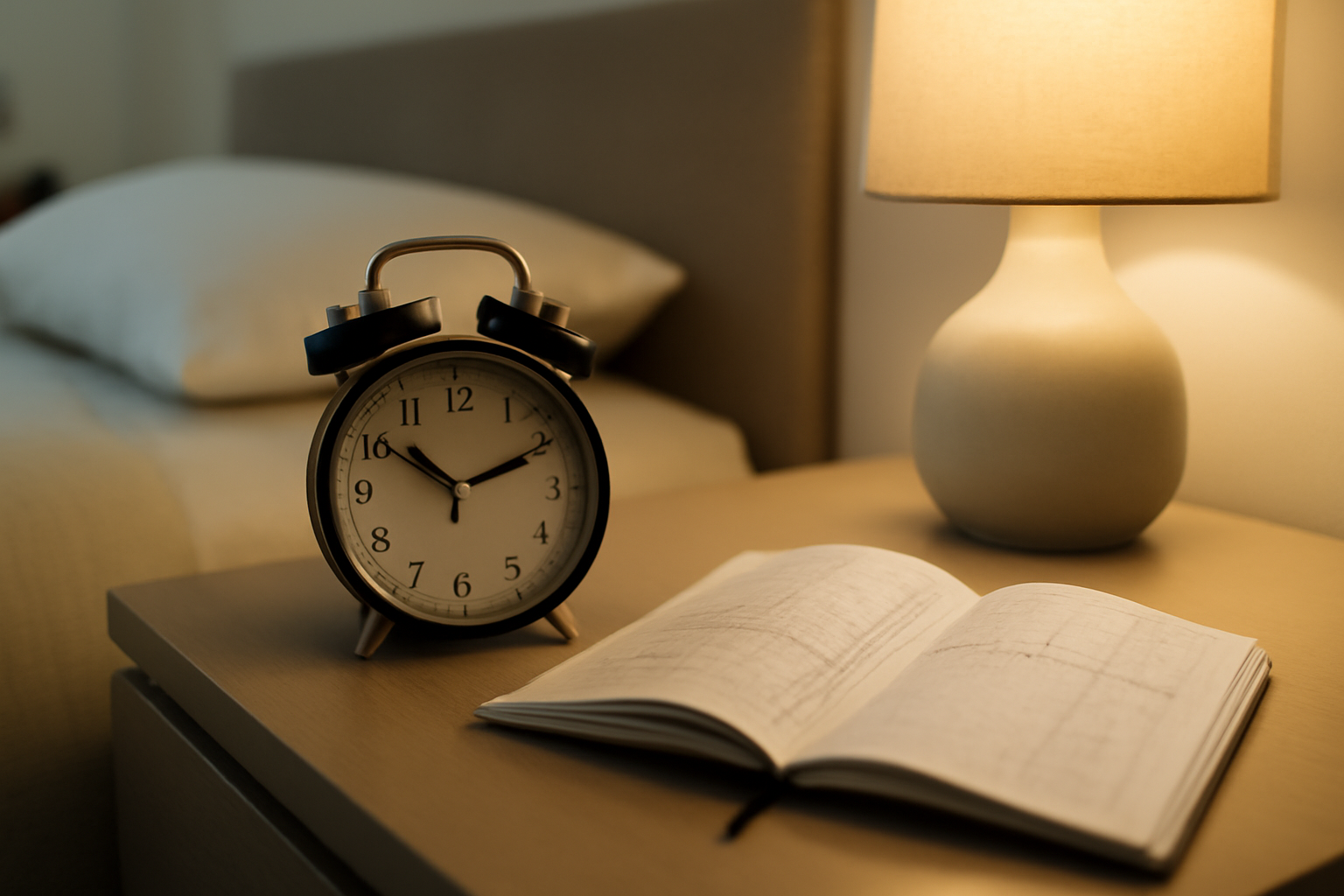 Réveil et carnet de suivi du sommeil sur une table de nuit