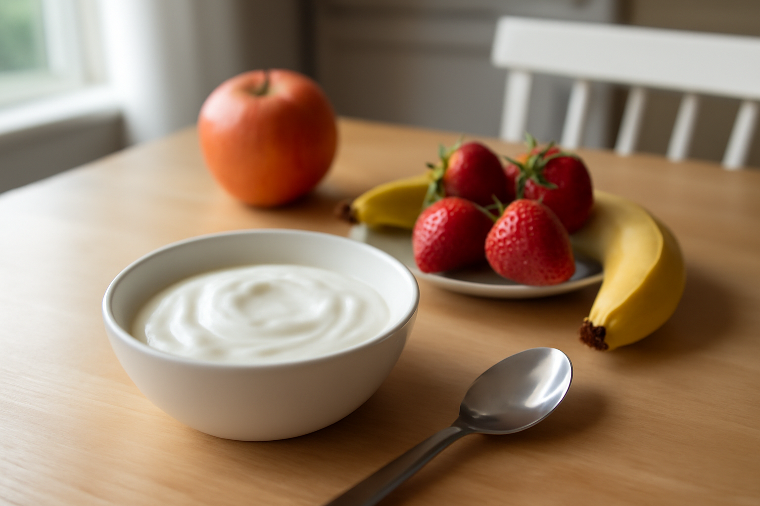 Bol de yaourt nature et fruits, table de cuisine lumineuse