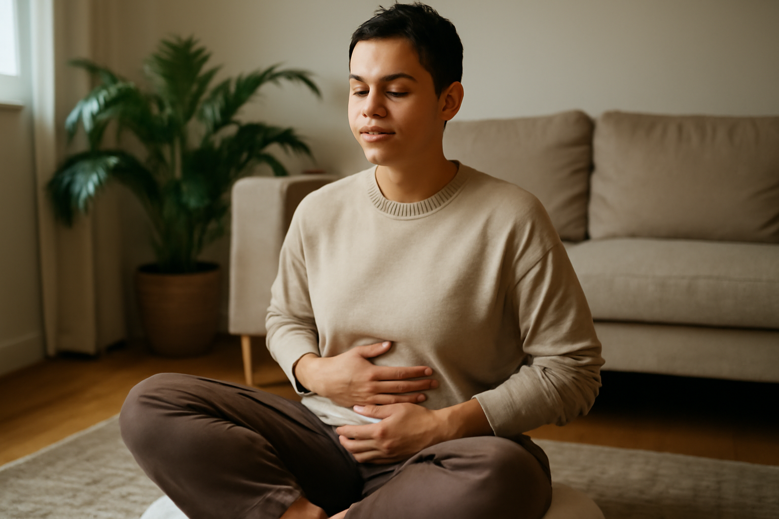Personne faisant une respiration lente dans un salon calme