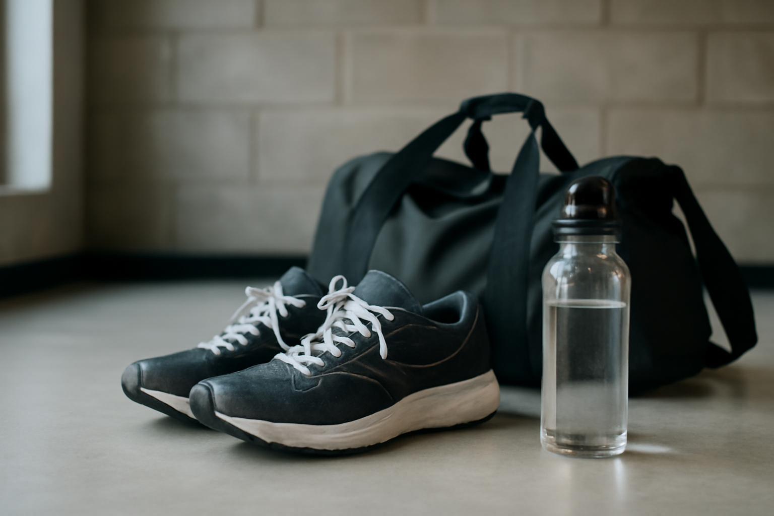Chaussures de course et bouteille d'eau posées près d'un sac de sport