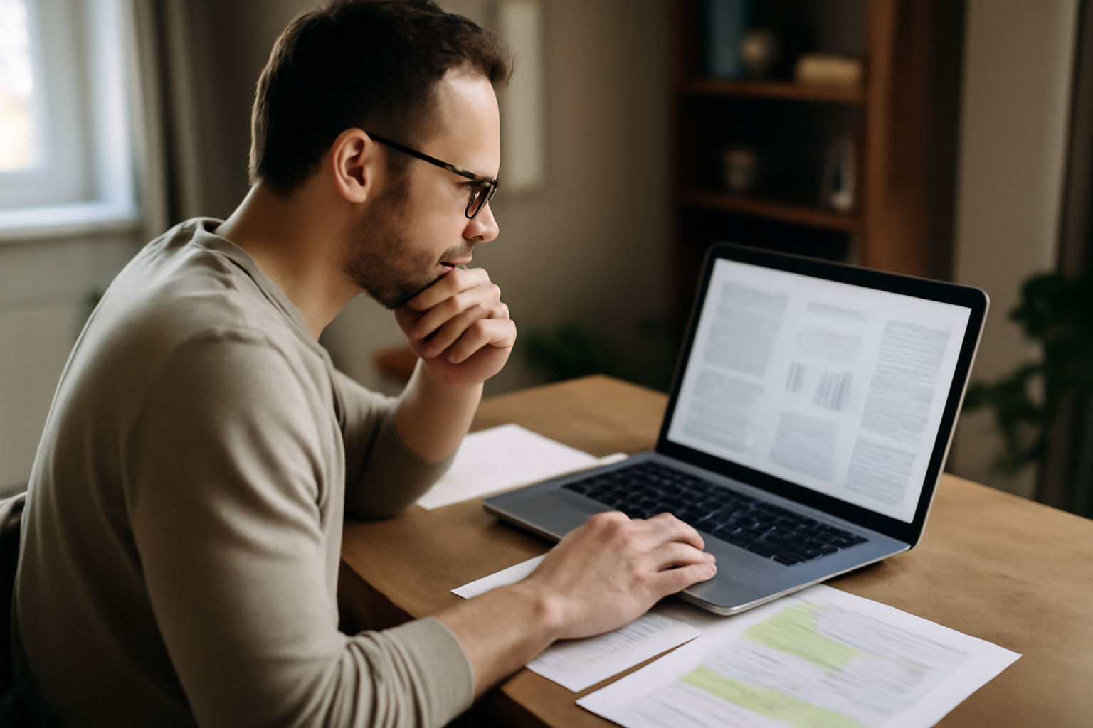 Lecture d'études sur un ordinateur portable, documents imprimés sur une table