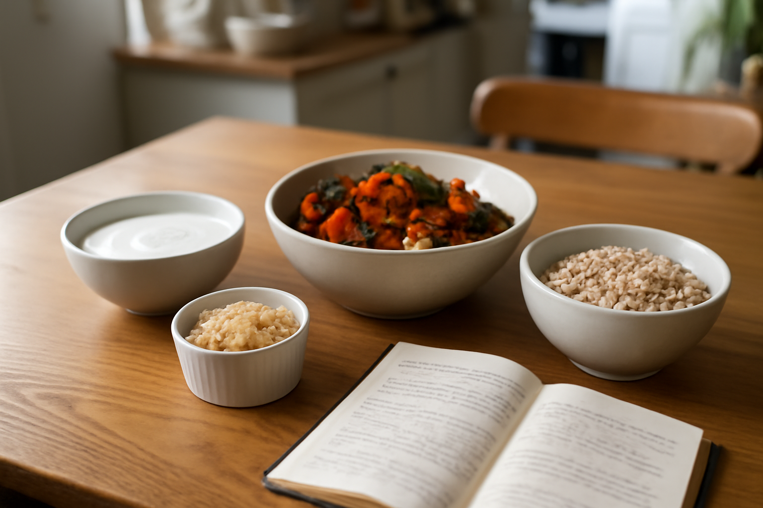 table avec aliments riches en fibres (légumes, flocons d'avoine, yaourt) et un carnet de suivi de la digestion sur une table en bois