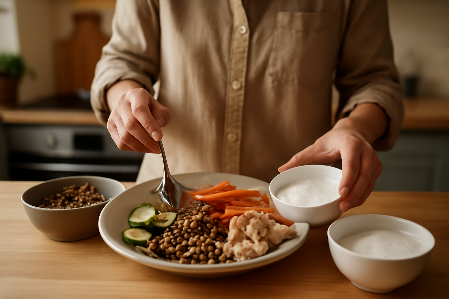 personne préparant une assiette équilibrée avec légumes, lentilles et un yaourt nature dans une cuisine