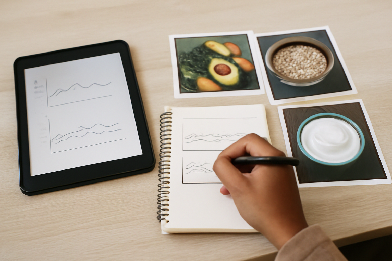 tableau de suivi avec photos d'aliments et notes sur le transit et l'inconfort abdominal