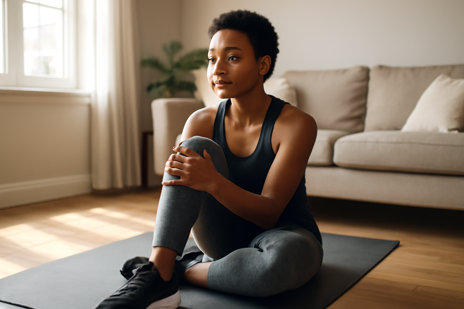 Personne en tenue de sport faisant un échauffement léger sur un tapis dans un salon lumineux