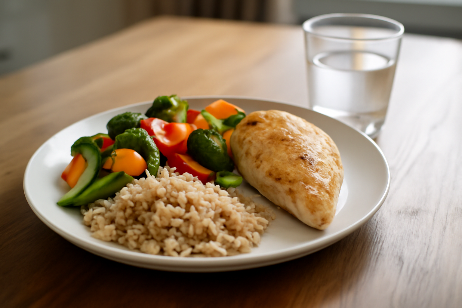 Repas équilibré avec poulet, légumes et riz dans une assiette sur une table, ambiance maison