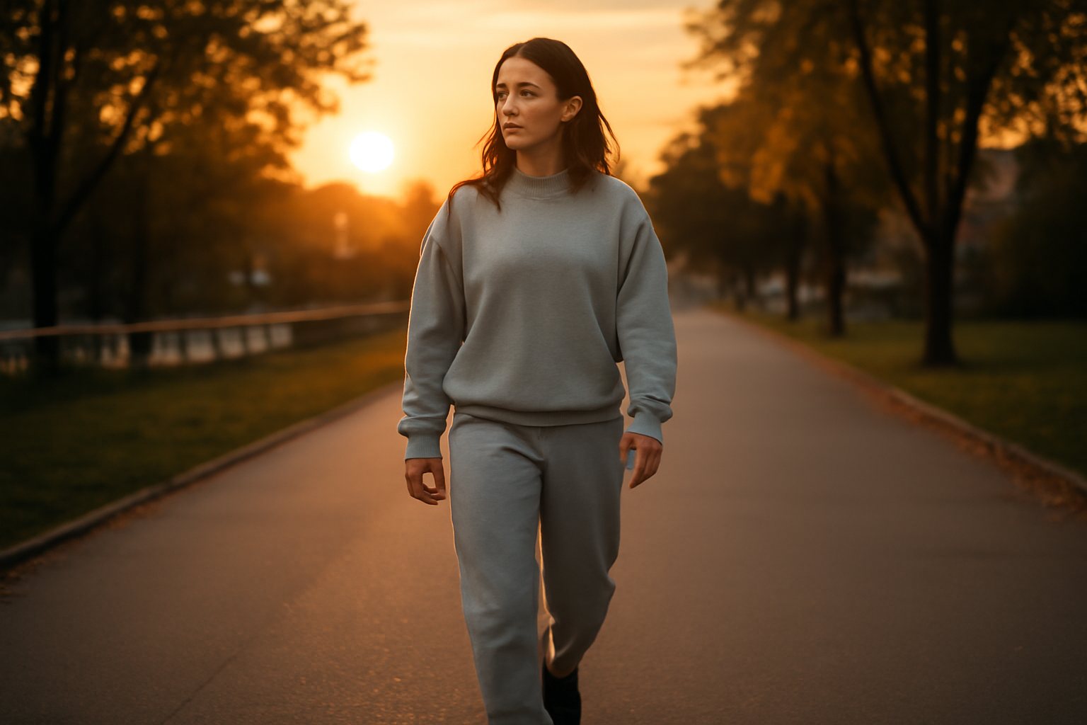 Personne faisant une marche lente en extérieur au coucher du soleil, tenue confortable