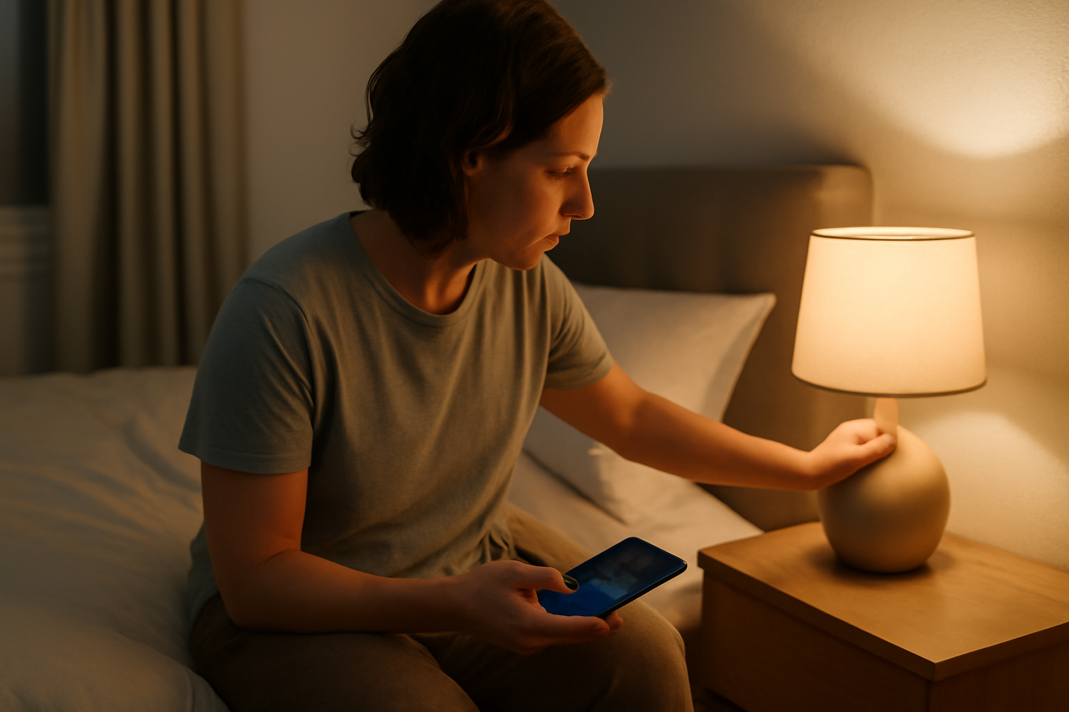 Personne réglant une alarme et éteignant la lumière d'une chambre le soir, pour favoriser un meilleur sommeil