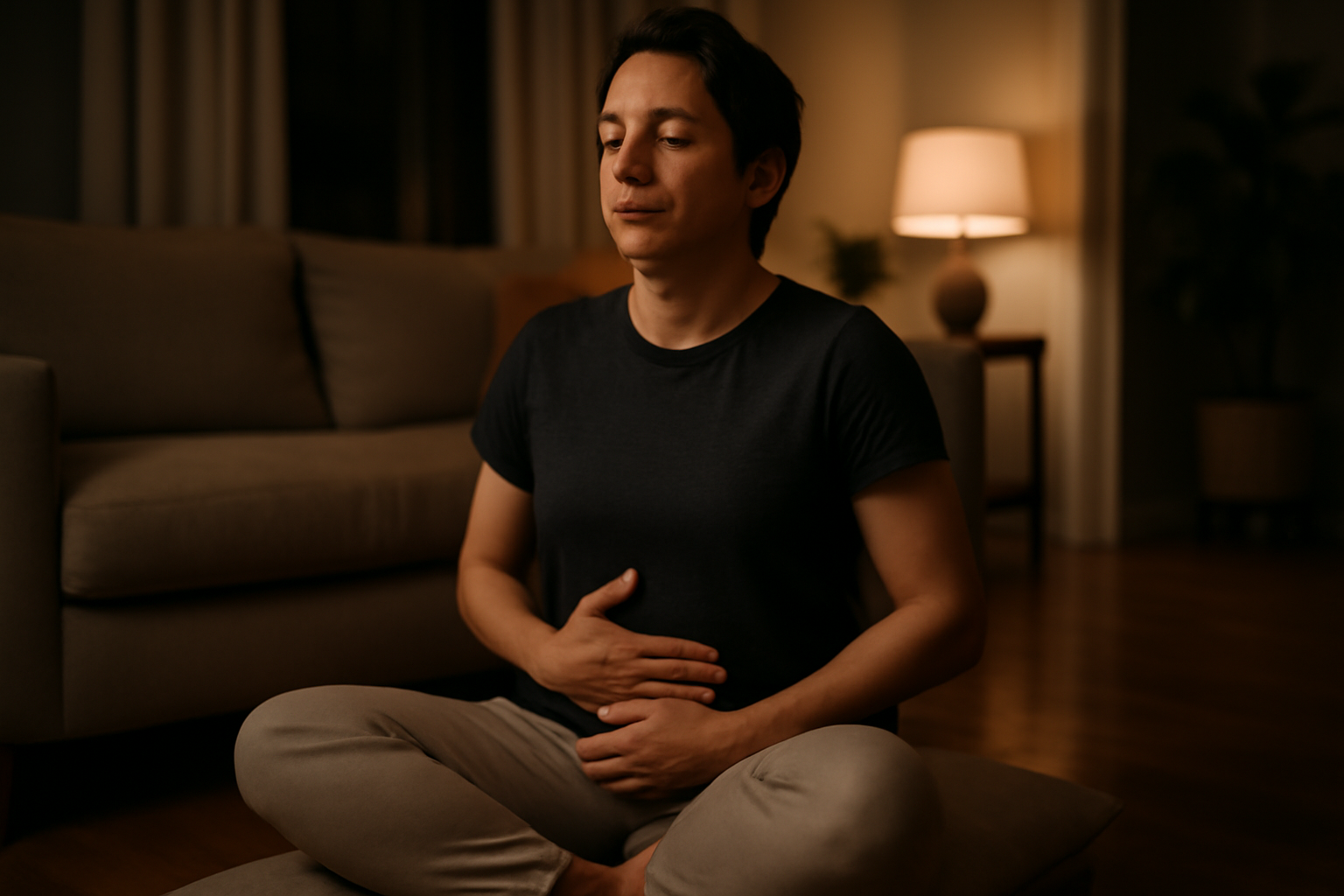 Personne pratiquant une respiration lente dans son salon le soir, ambiance calme et lumière tamisée