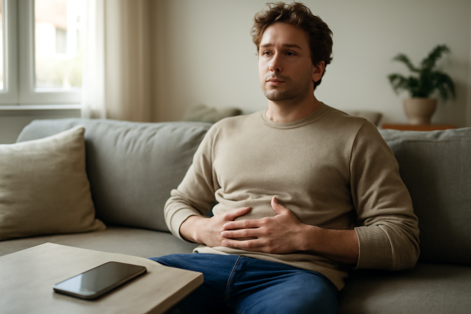 Personne respirant calmement dans un salon lumineux, téléphone posé, posture stable