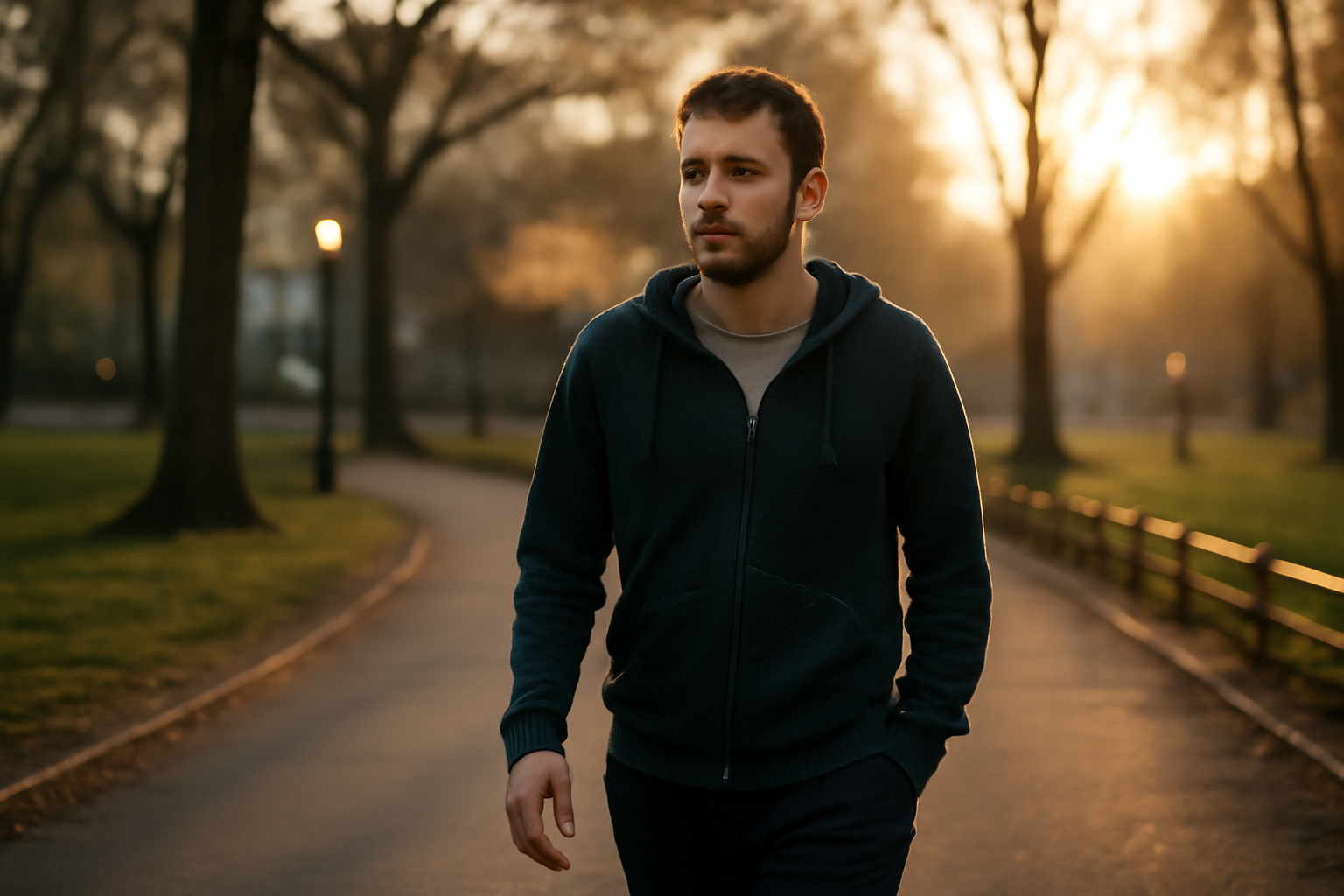 Personne se promenant lentement en extérieur, lumière du matin, respiration calme