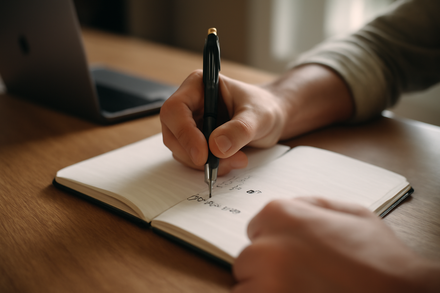 Carnet et stylo sur une table, personne notant une prochaine action et une intention de calme