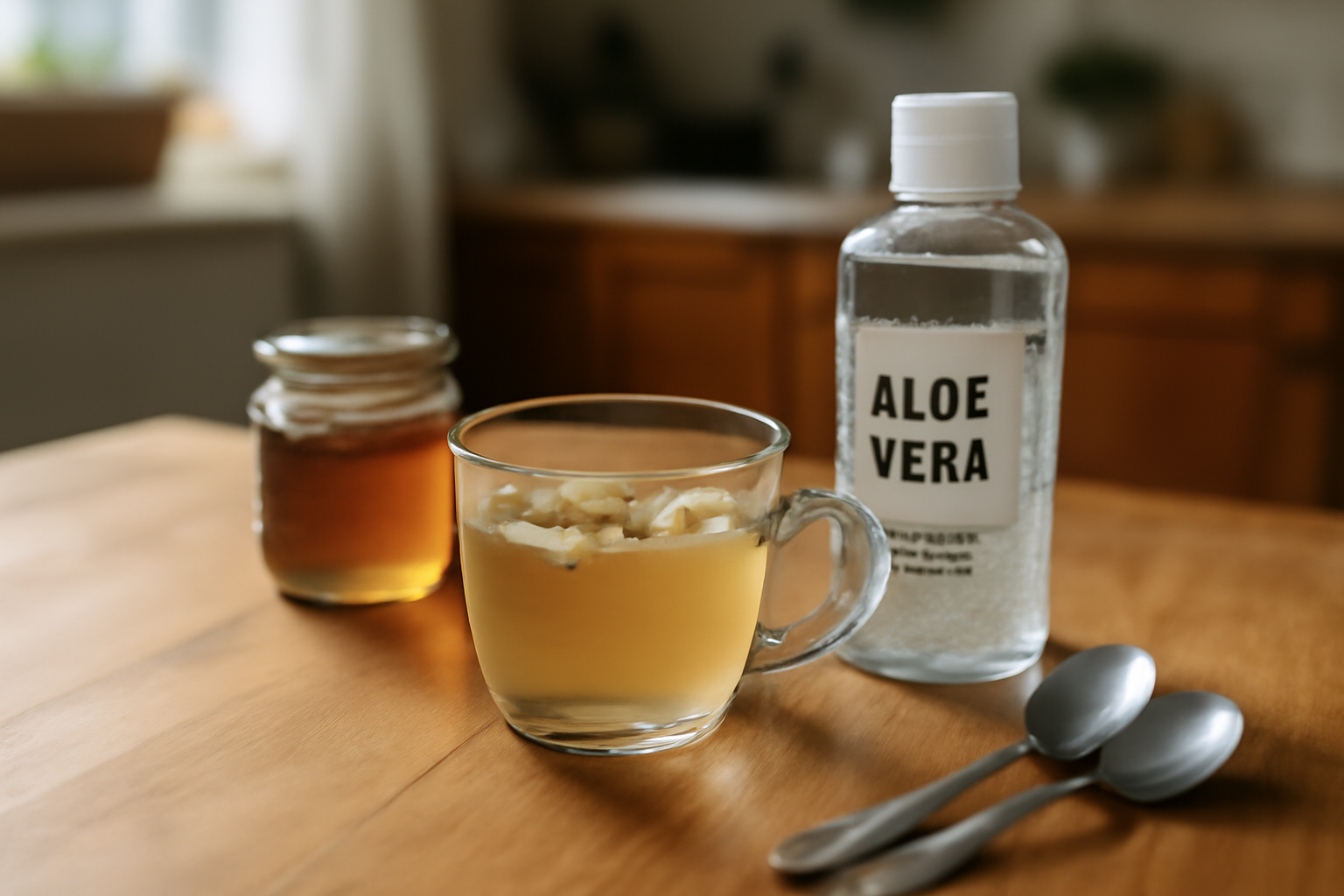 anti acide naturel en cuisine : tisane camomille, miel et flacon d’aloé vera sur une table en bois, lumière du matin
