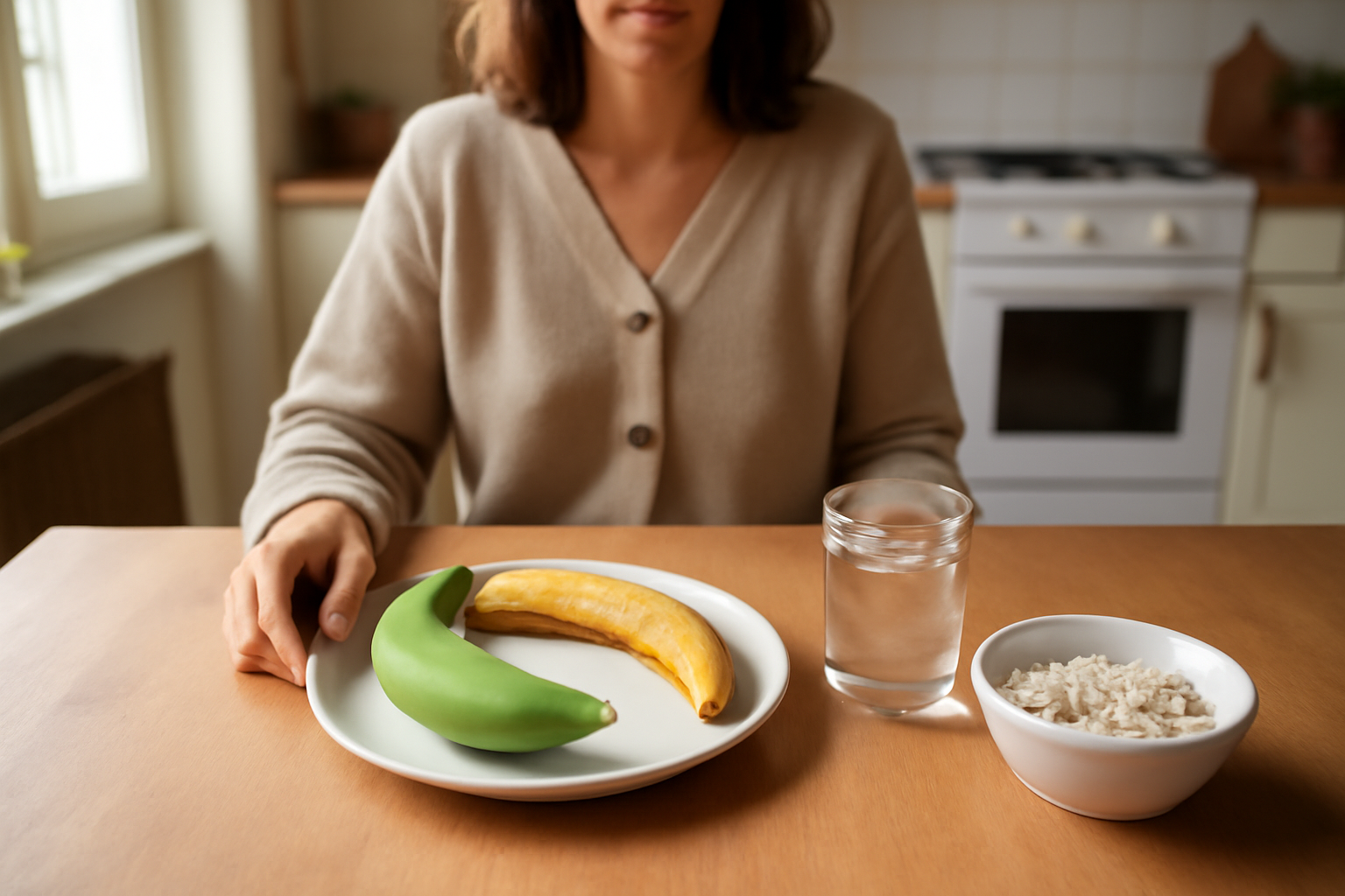 Banane verte et banane très mûre sur une table, lumière naturelle, contexte de constipation