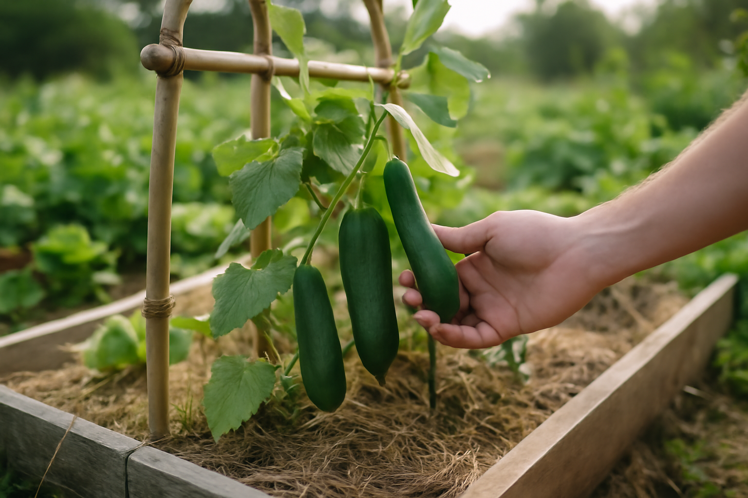 Le concombre au potager sur treillis, au soleil du matin