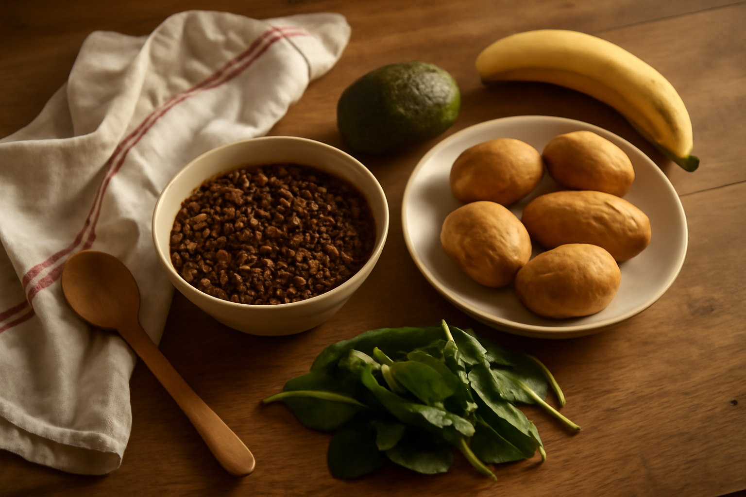 Aliments riches en aliment potassium : pommes de terre avec la peau, lentilles et banane sur une table de cuisine
