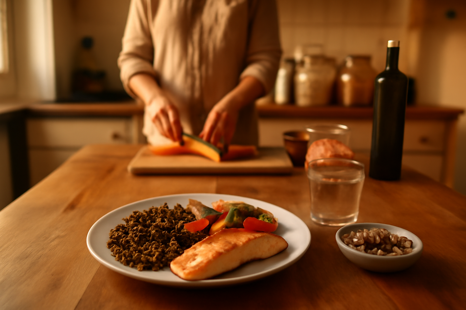 alimentation anti inflammatoire : assiette avec légumes colorés, huile d’olive et poisson gras