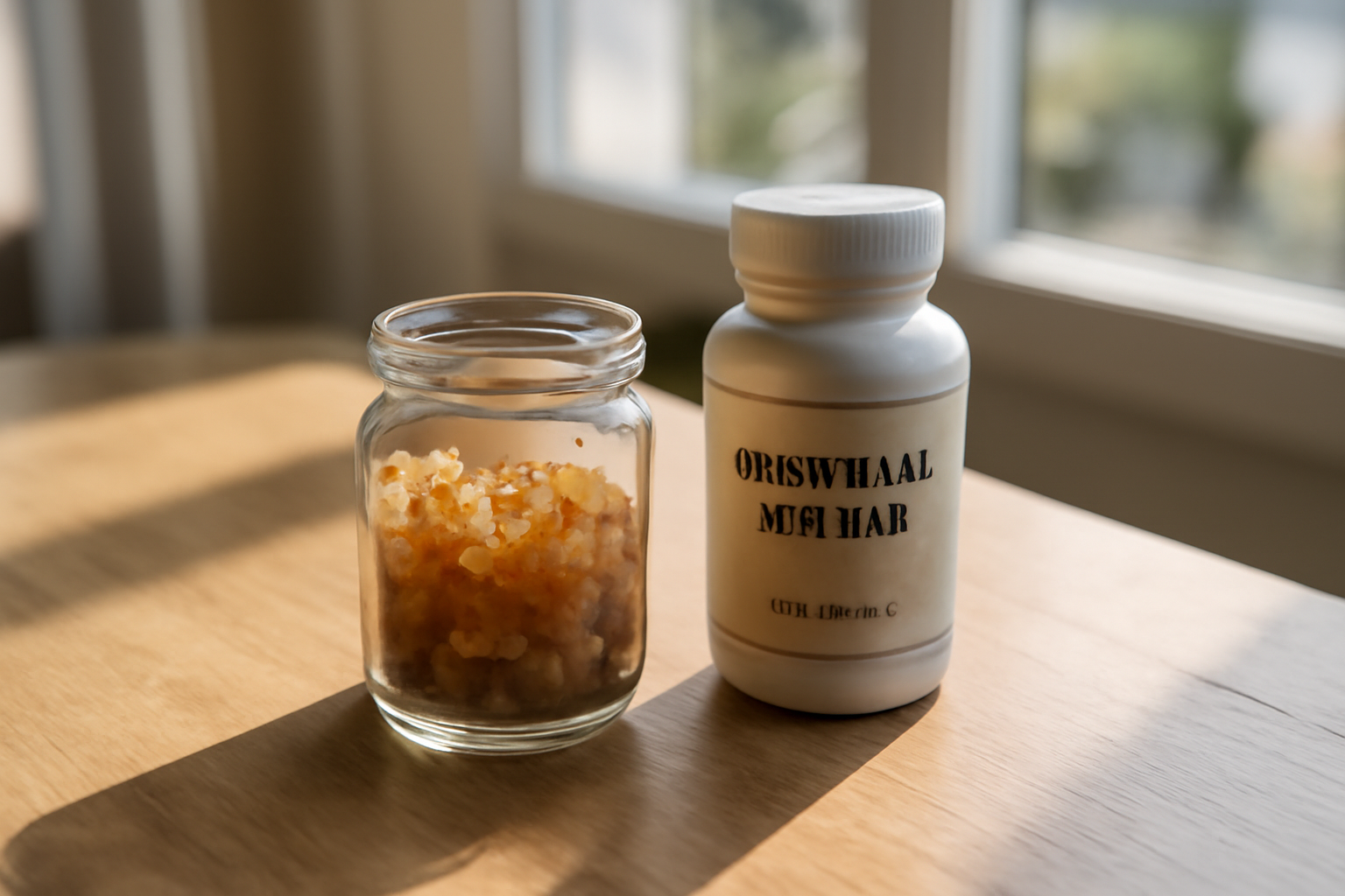 boswellia serrata résine d’arbre en petits grains, pot en verre et gélules sur table en bois