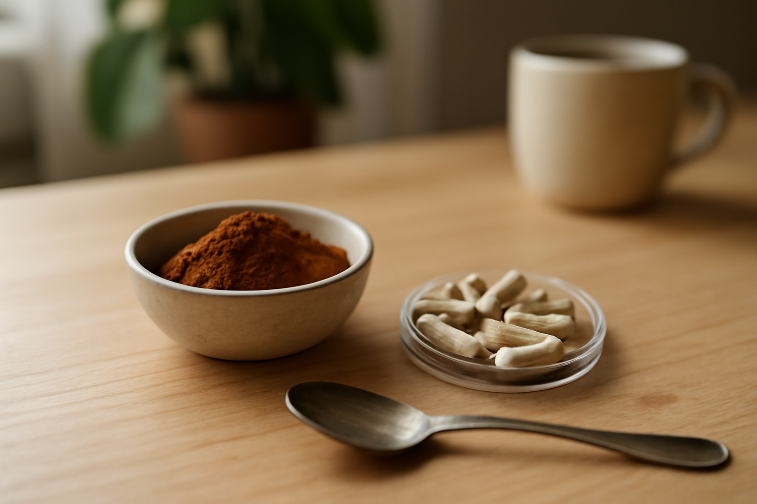 Cordyceps en poudre et gélules sur une table de cuisine, lumière du matin