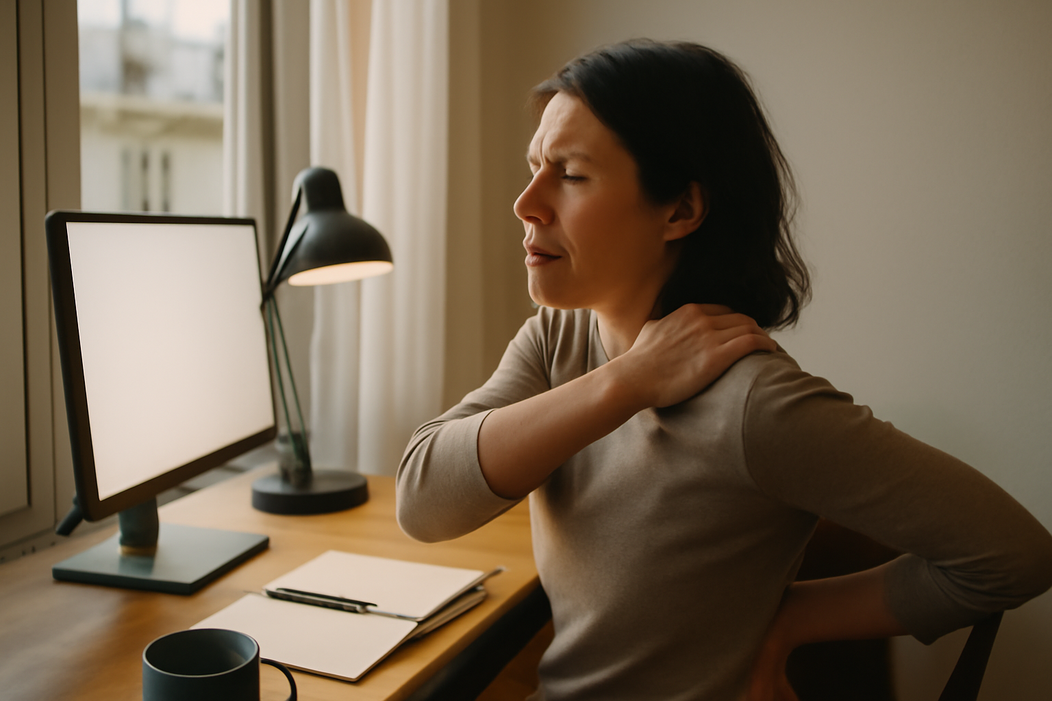 Douleur entre les omoplates : personne assise au bureau, main sur le haut du dos