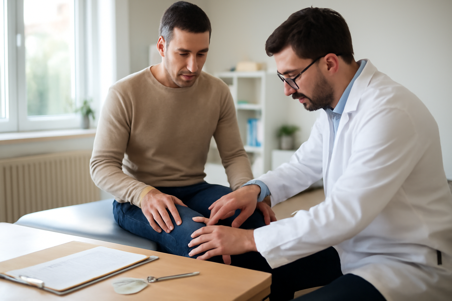 Genou avec articulation fémoro-patellaire : examen clinique en consultation, contexte réel