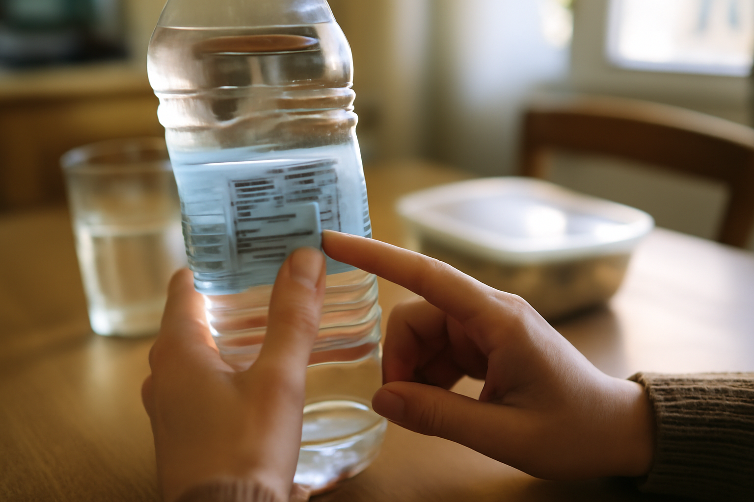 Bouteilles d’eau minérale et étiquette indiquant la teneur en magnésium en mg/L, cuisine en lumière du matin
