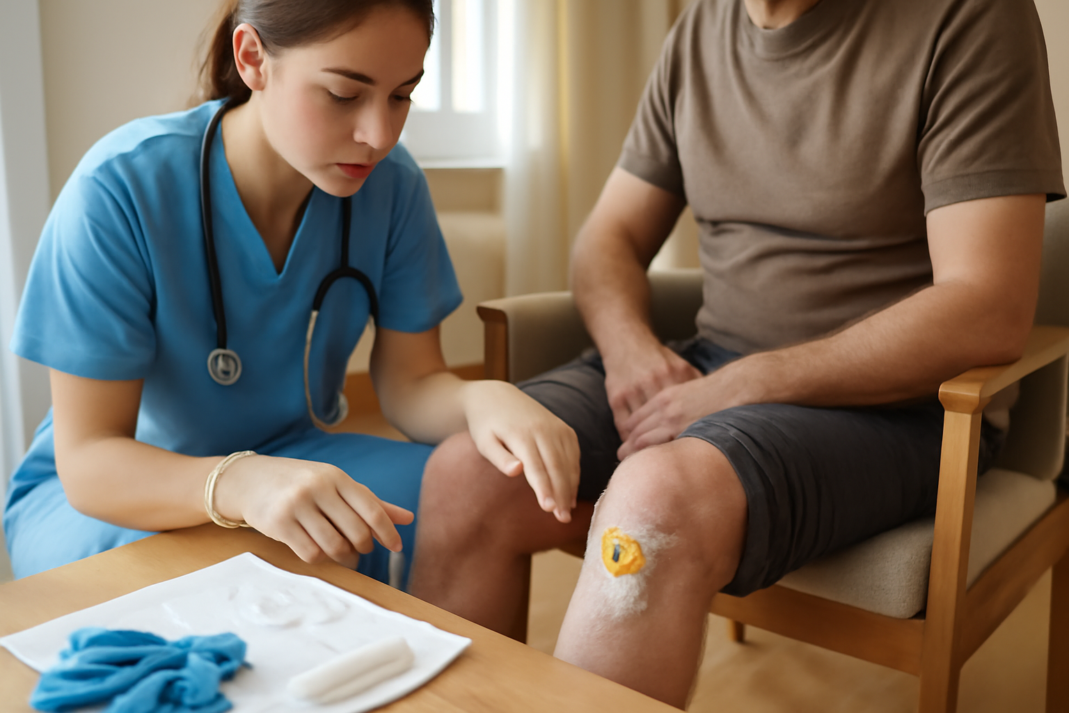 Fibrine plaie sur une plaie de jambe, dépôt jaune et pansement propre en conditions réelles