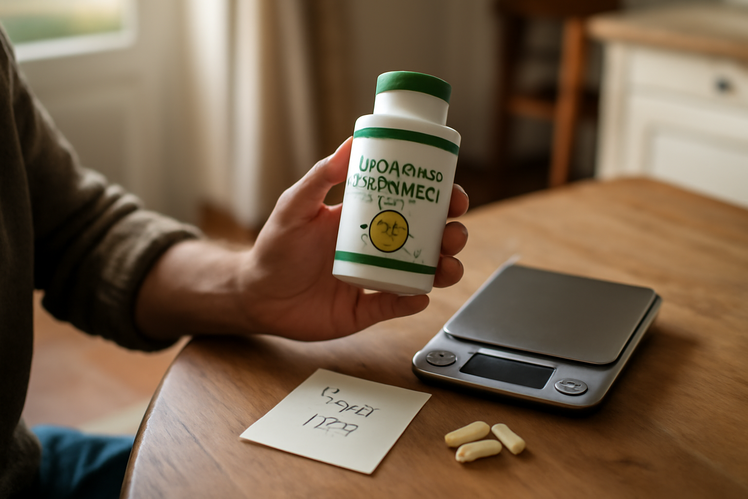 Compléments de garcinia cambogia avec étiquette lisible et gélules sur une table de cuisine, lumière naturelle