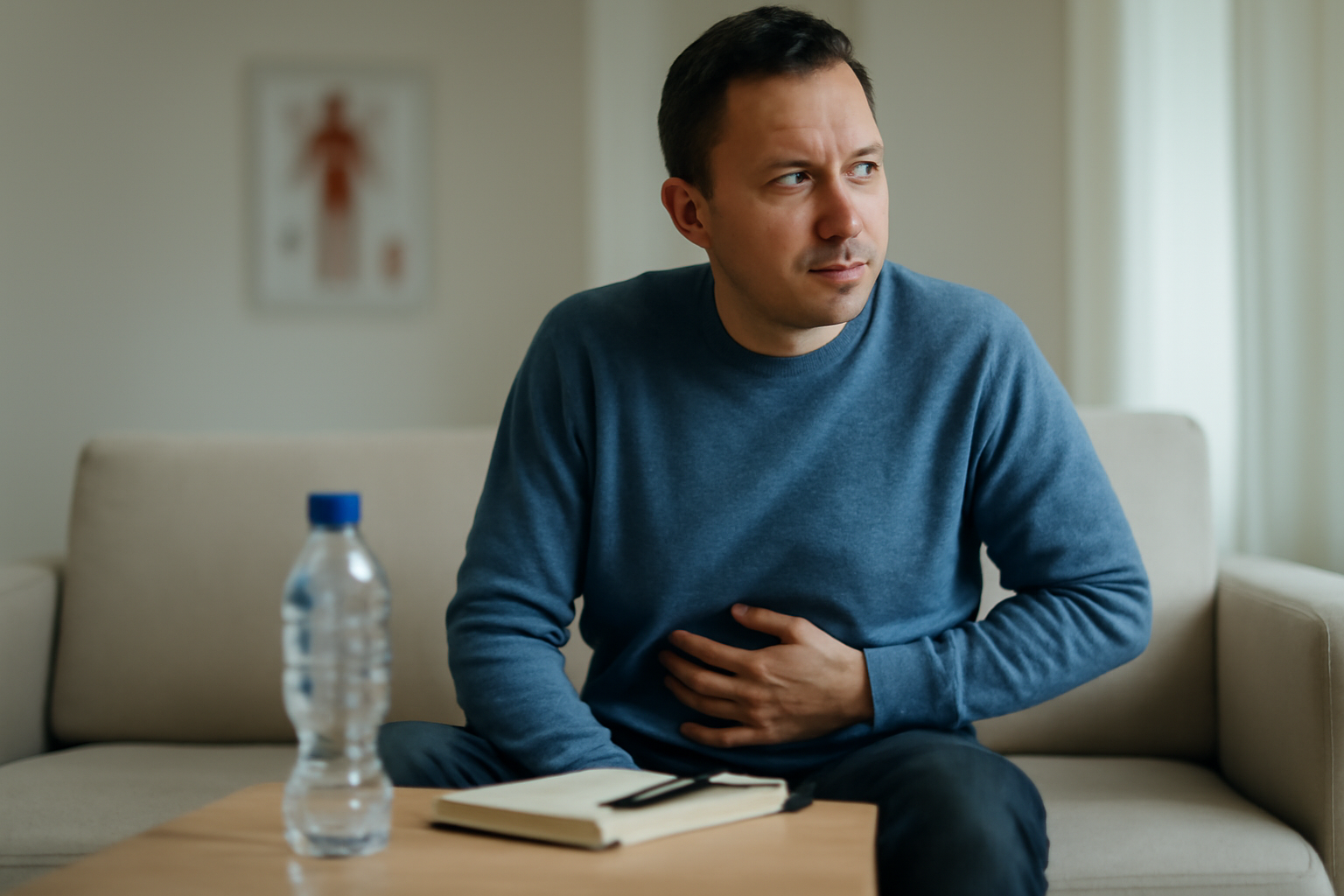 mal coté gauche ventre : personne tenant son flanc gauche, consultation médicale en arrière-plan, lumière naturelle