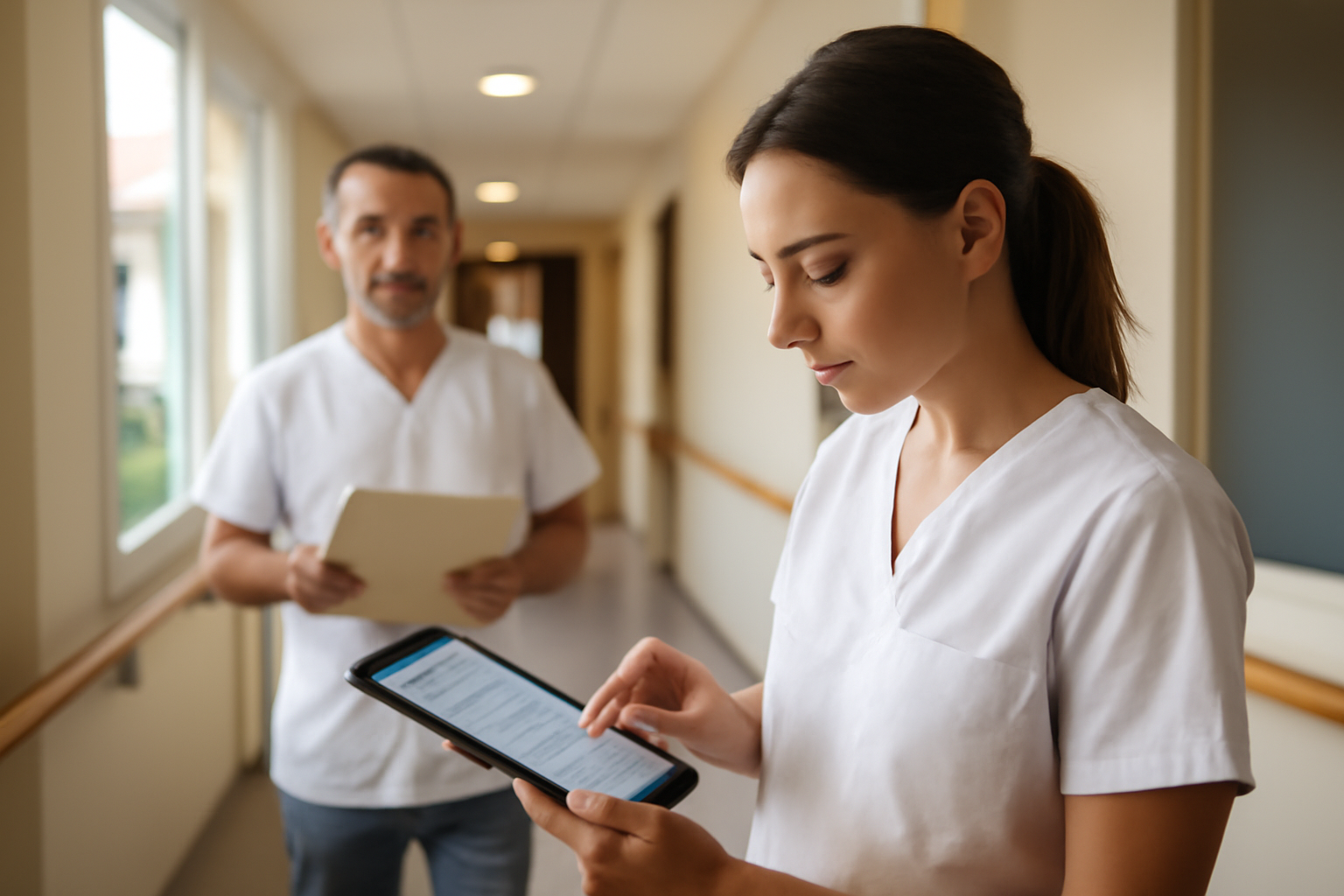 Écran de connexion à netsoins dans une salle de soins en EHPAD, équipe soignante sur une tablette