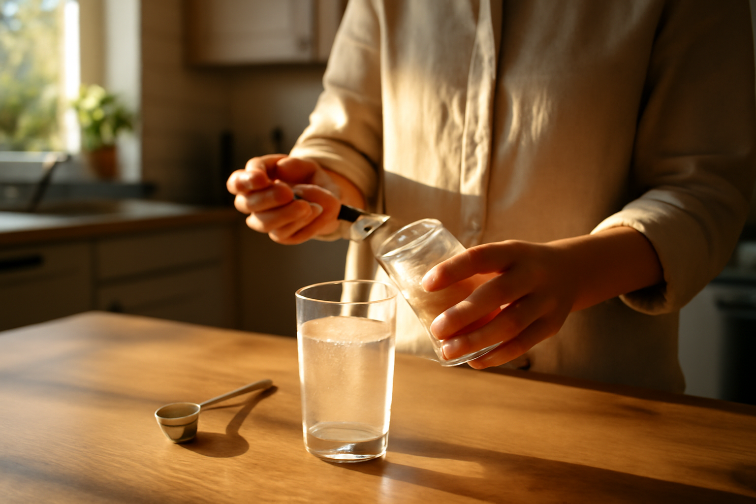 Graines de psyllium et verre d’eau sur une table de cuisine, lumière du matin