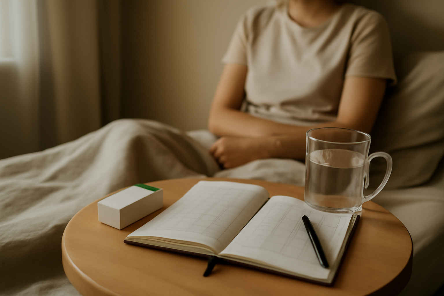 Quviviq avis : boîte de daridorexant et carnet de journal de sommeil sur une table de chevet