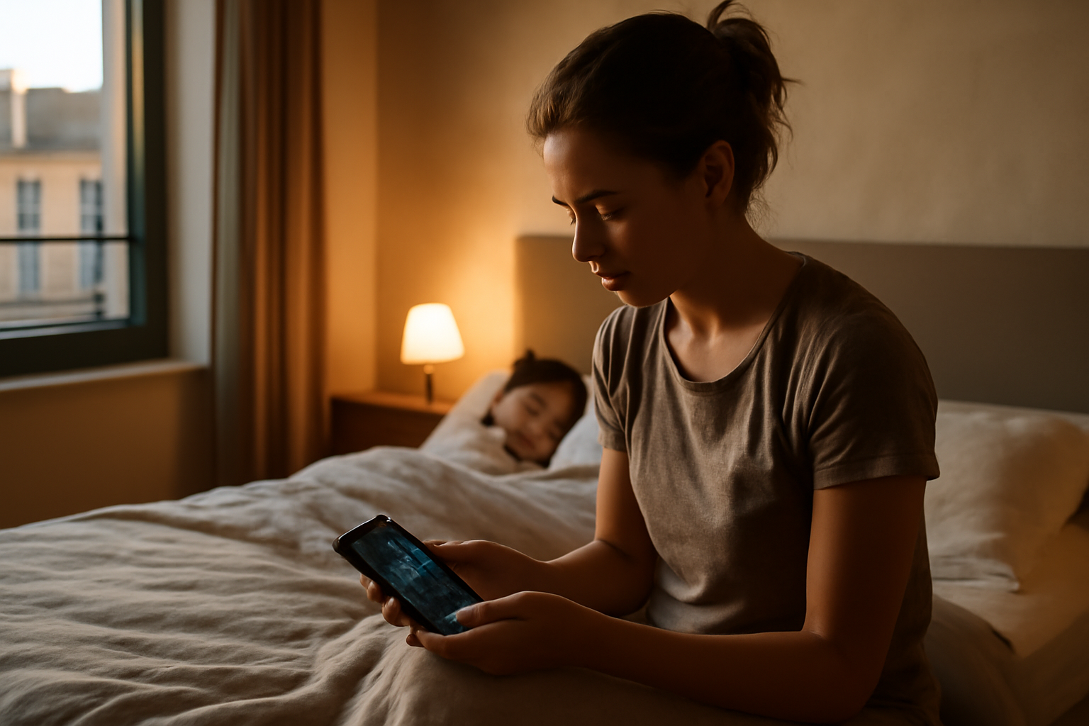 Un couple dans une chambre, un téléphone affichant un enregistrement du sommeil pour comprendre le saos, lumière douce du soir
