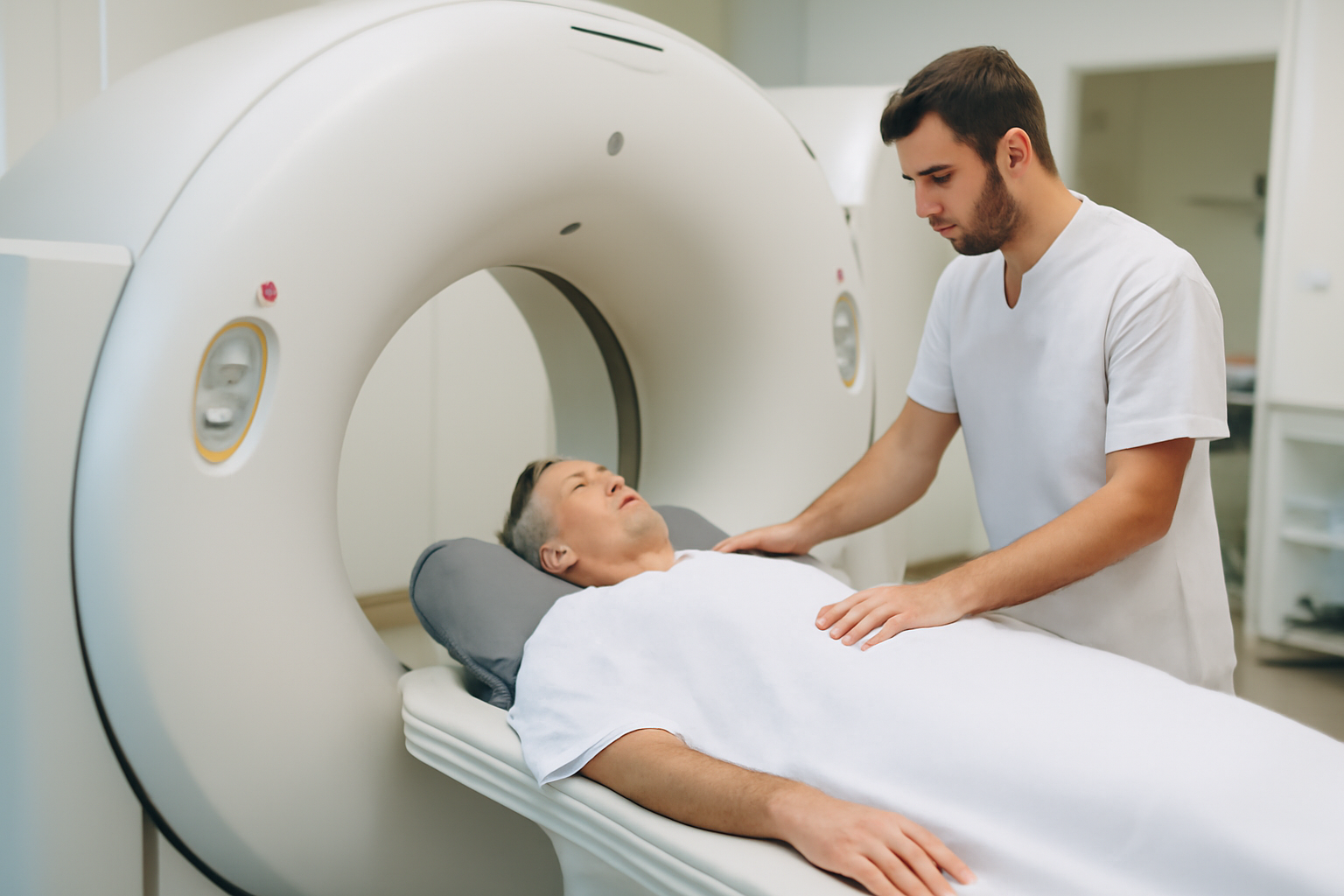 Scanner tap dans un service de radiologie, patient positionné avant l’examen