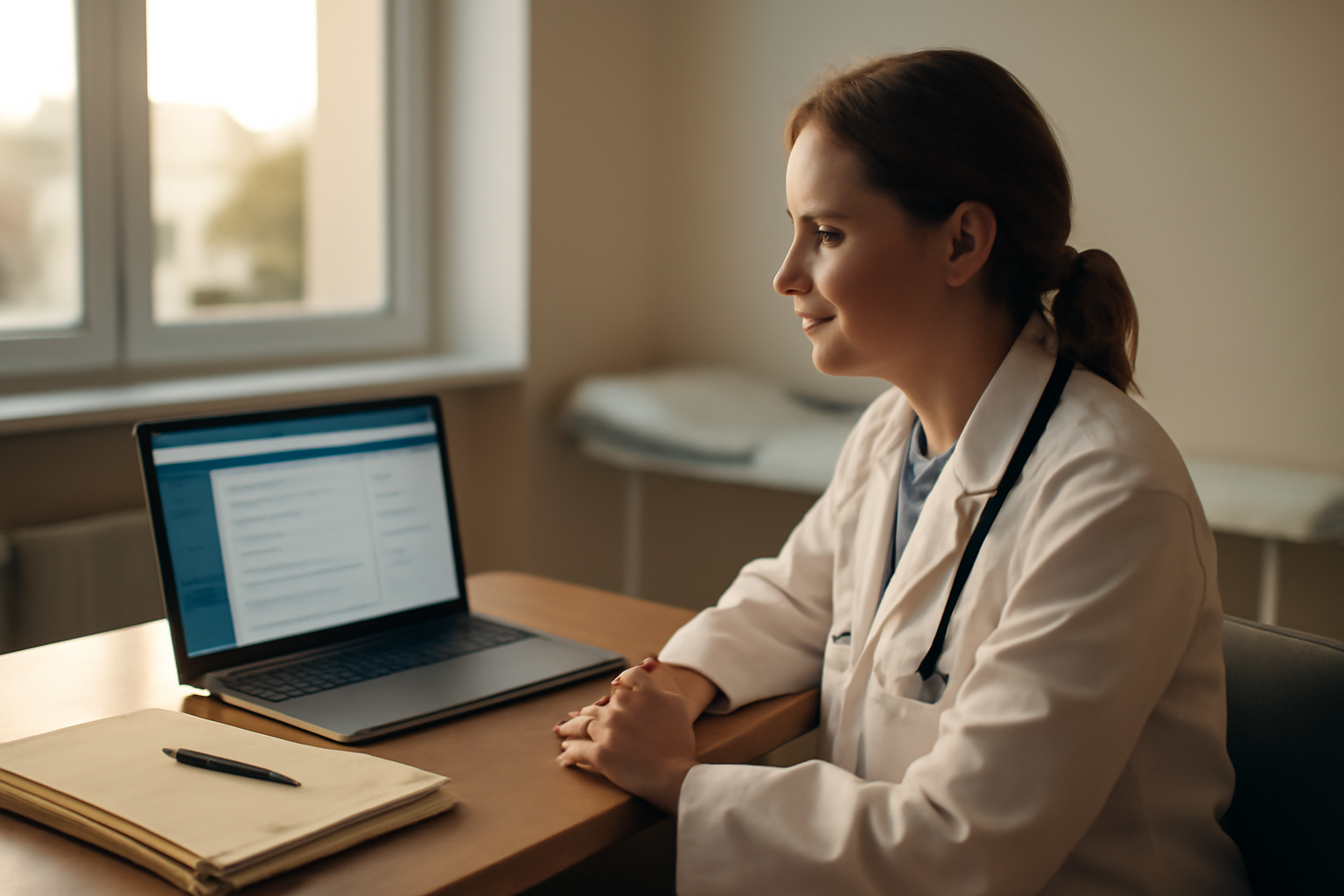 Interface du logiciel médical en ligne weda sur écran, en cabinet de santé, lumière naturelle