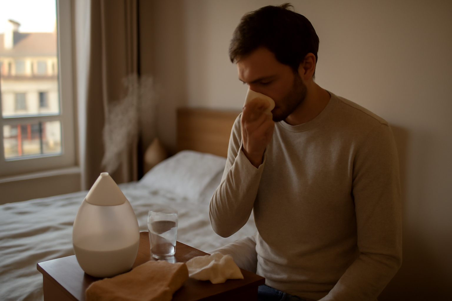 bouche sèche remède grand-mère : verre d’eau et humidificateur dans une chambre en conditions réelles