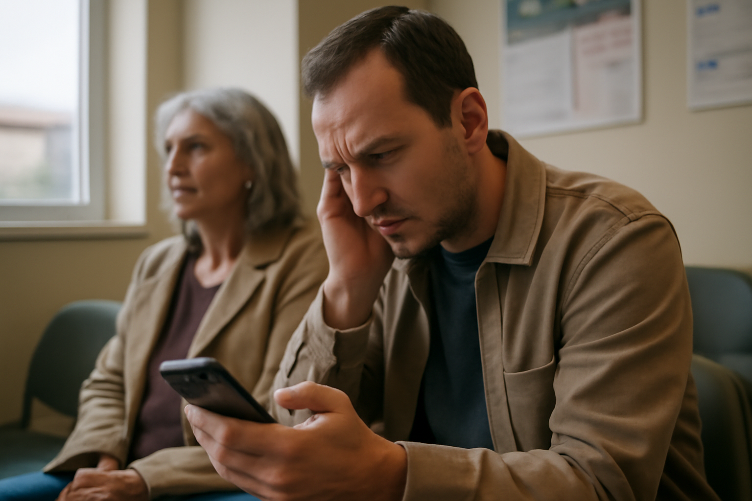 Bourdonnement oreille avc : personne consultant son oreille et notant l’heure sur un téléphone, scène réaliste en salle d’attente