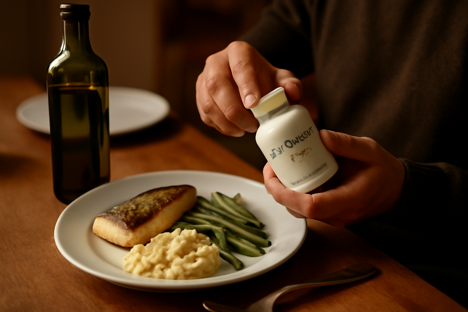 coenzyme q10 bienfaits : boîtes de complément et gélules au bord d’un assiette au dîner