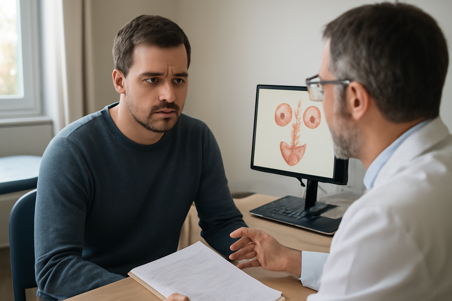 couile bleu : douleur et lourdeur testiculaire après excitation prolongée, scène photo réaliste en consultation