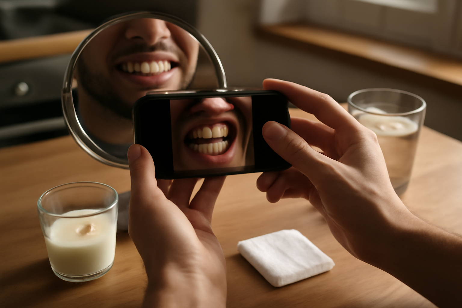 dent cassée : que faire en attendant le dentiste, photo de la zone et récipient de lait
