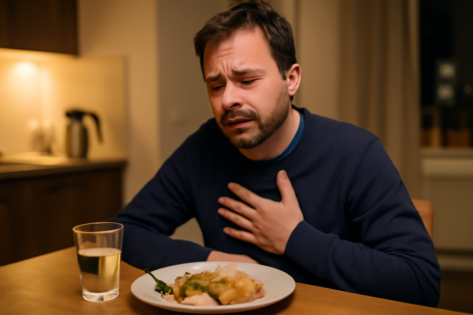 extrasystoles dues à l’estomac après repas : personne en cuisine, main sur la poitrine, assiette posée, lumière du soir réaliste