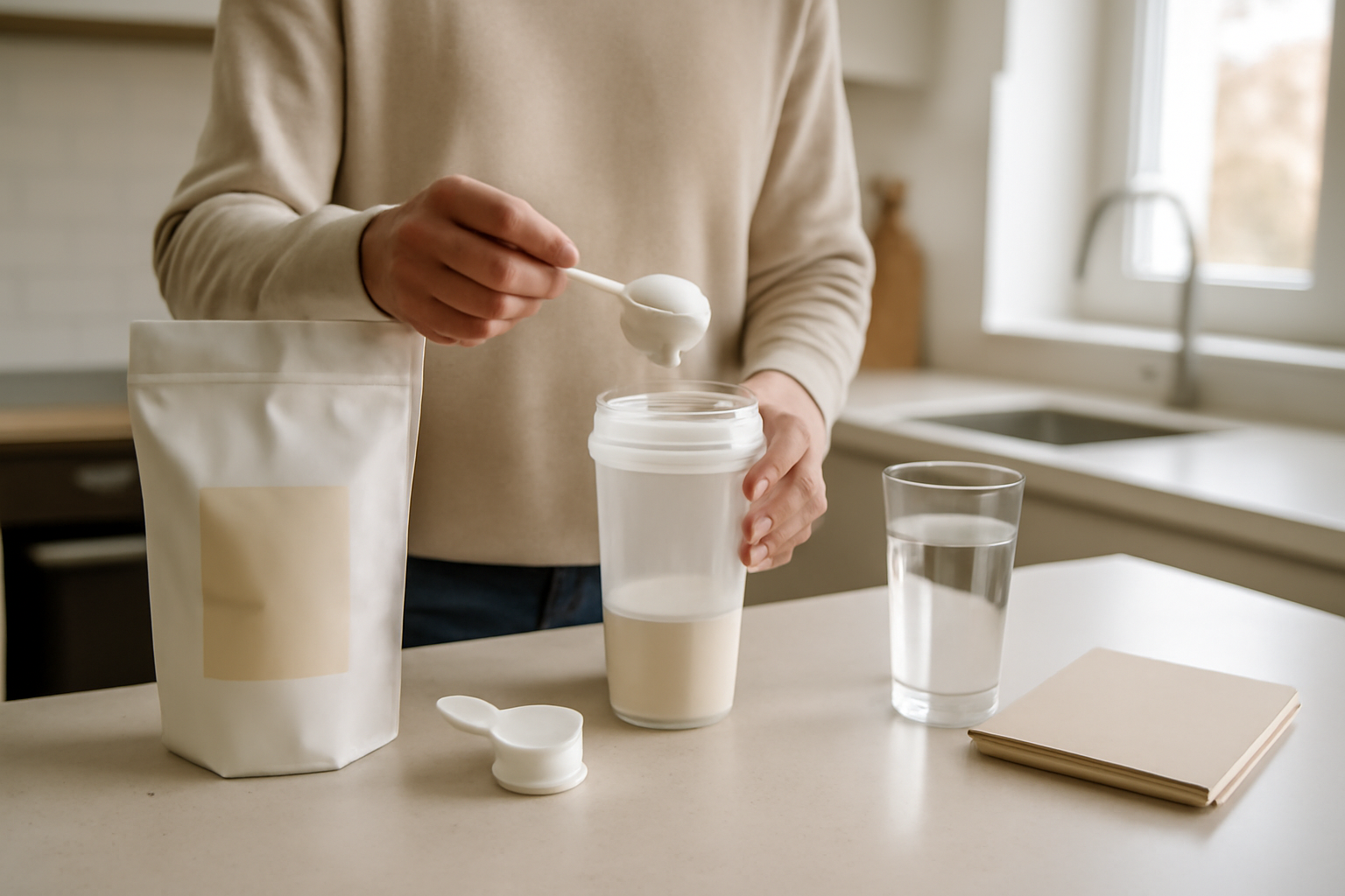isolate protein et whey protein en poudre dans une cuisine, avec une cuillère doseuse et un shaker