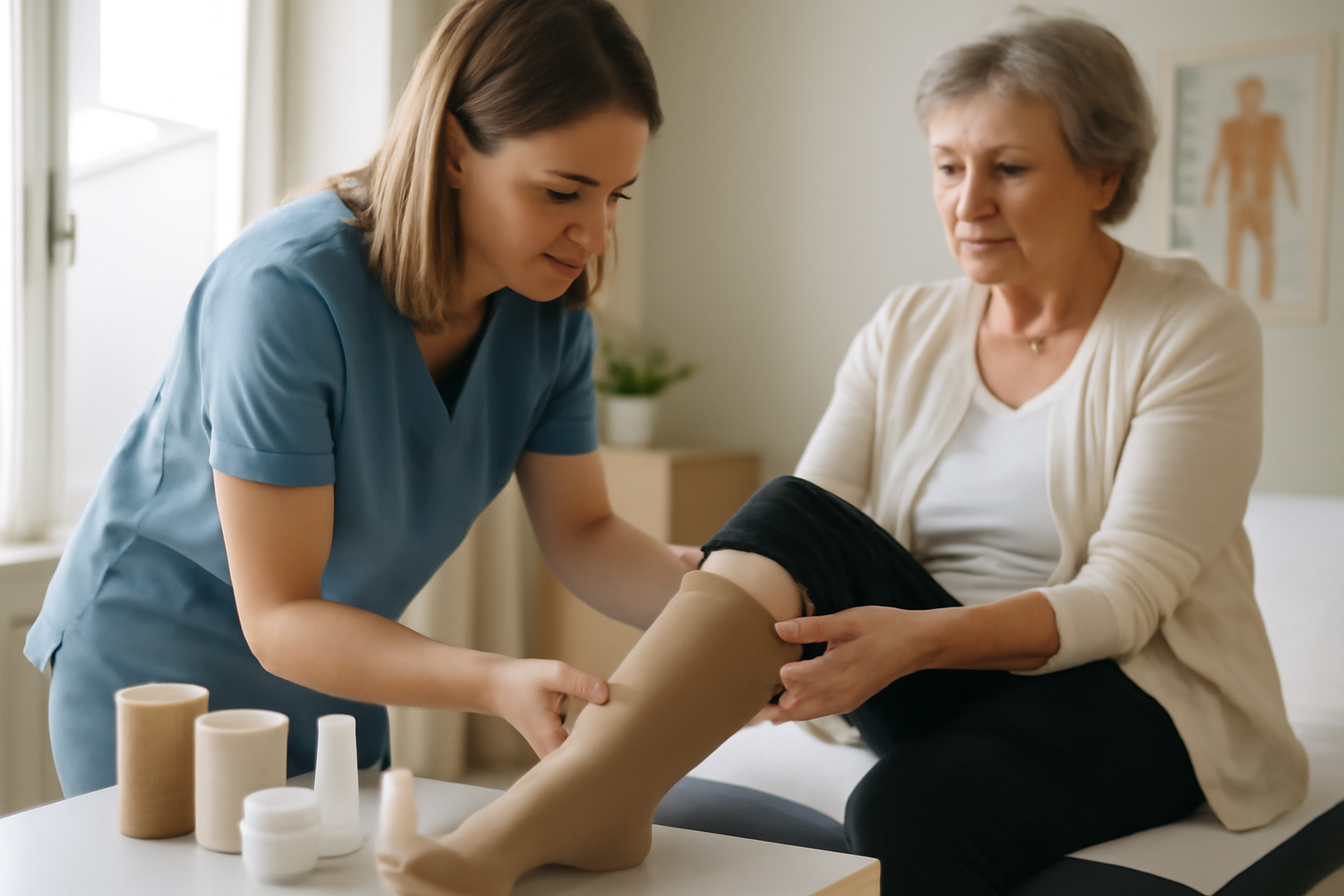 lipoedème traitement : compression médicale posée par une professionnelle dans un cabinet