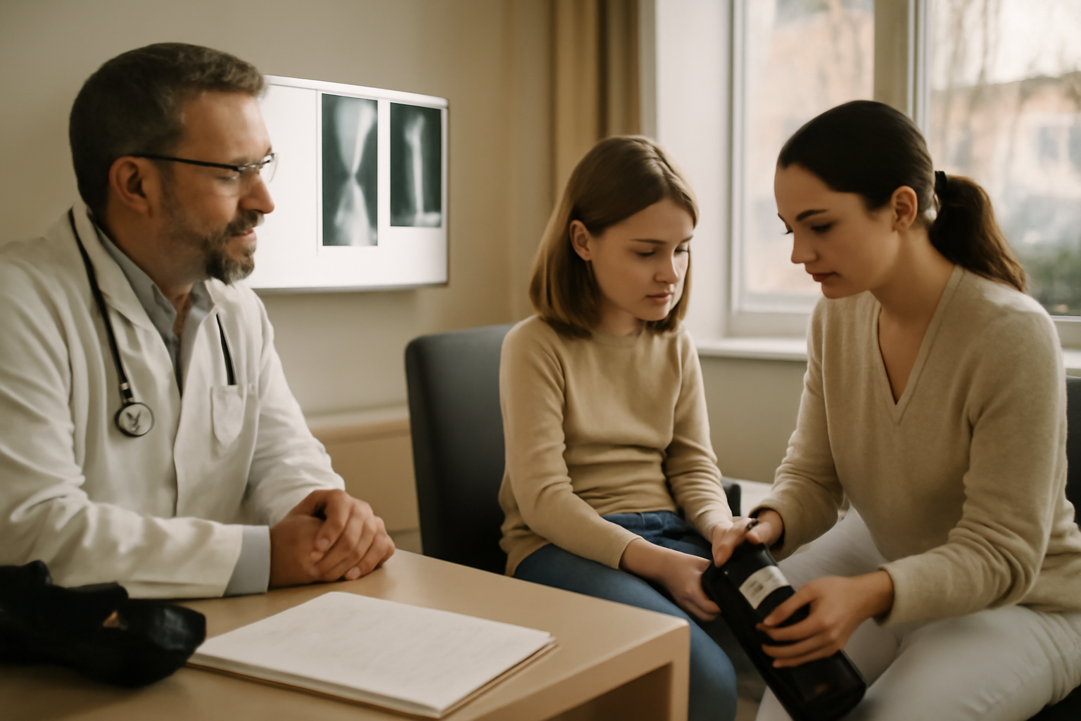 Maladie de Morquio : consultation pédiatrique et bilan orthopédique en conditions réelles, enfant avec radiographies et orthèse