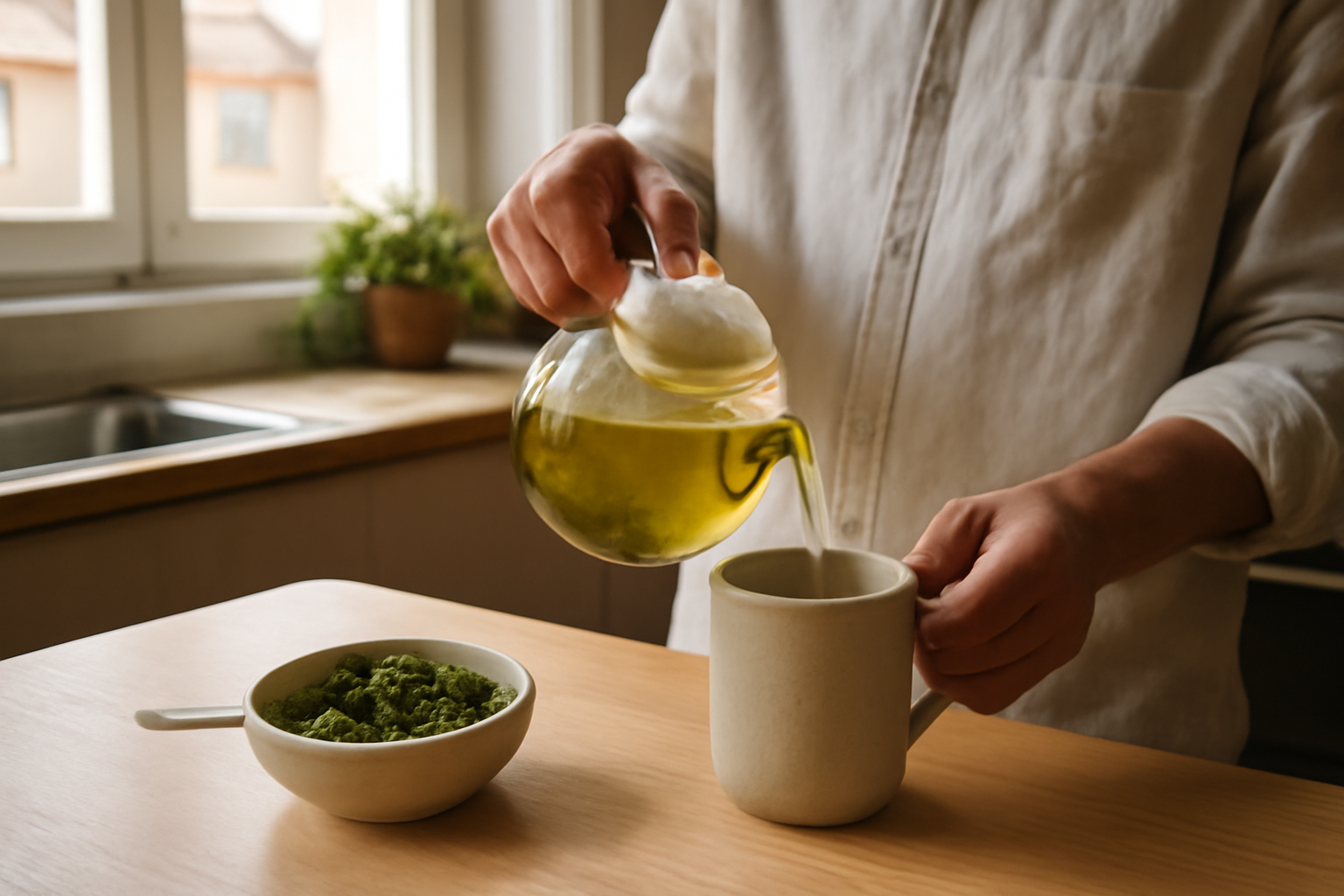 moringa bienfaits the ou tisane : tasses de tisane de moringa et feuilles de moringa sur une table de cuisine
