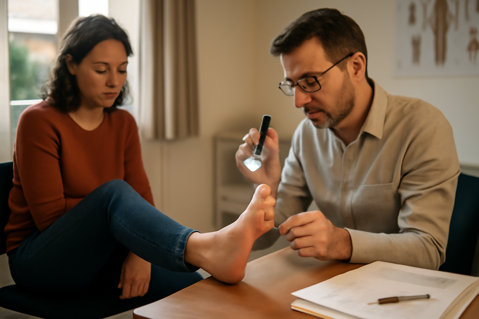 Neuropathie pied : fourmillements et perte de sensibilité dans les pieds, scène réaliste en consultation