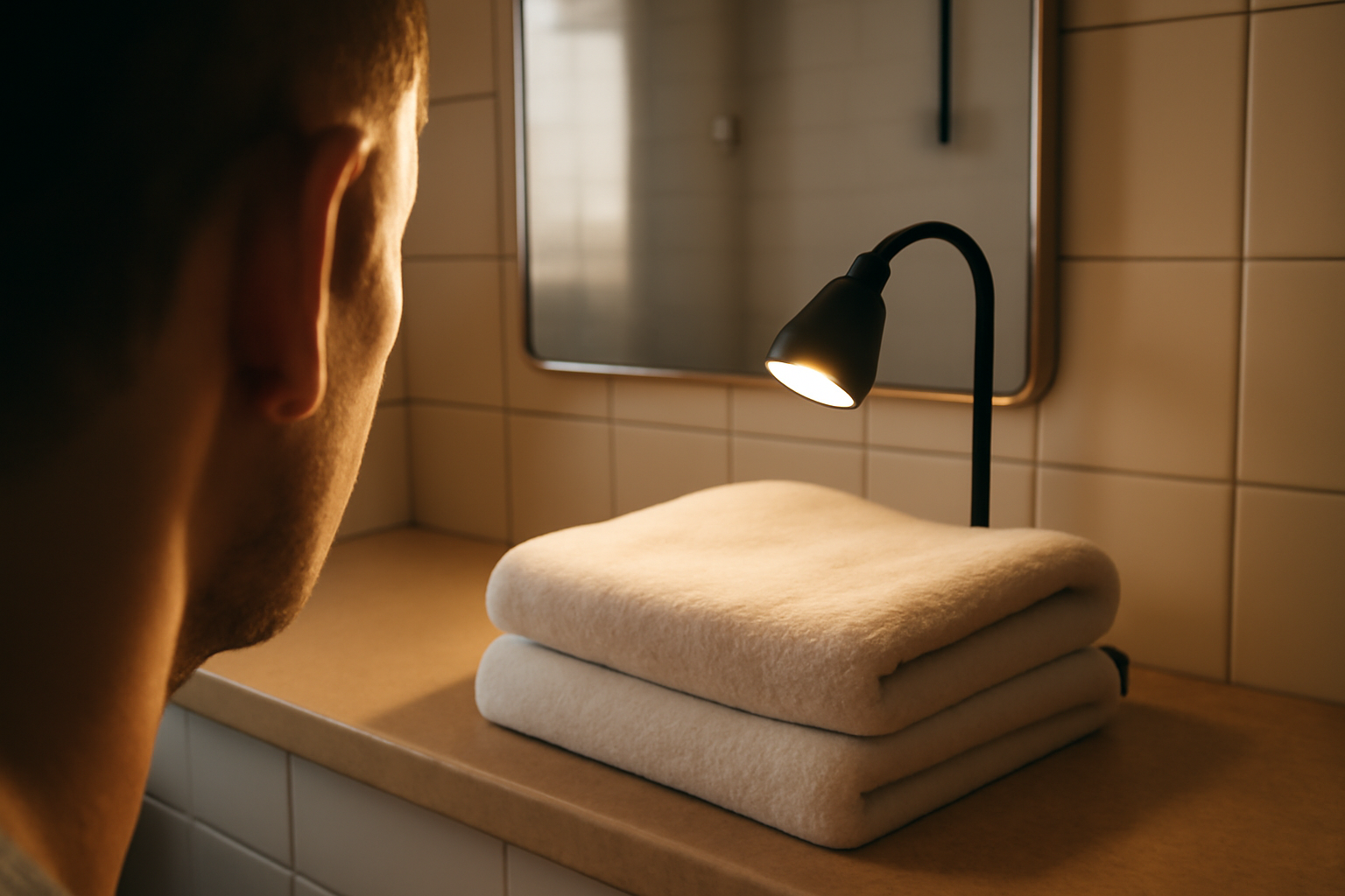 Oreille qui gratte : conduit auditif irrité avec peau sèche, sur une table de salle de bain, lumière naturelle, coton-tiges écartés