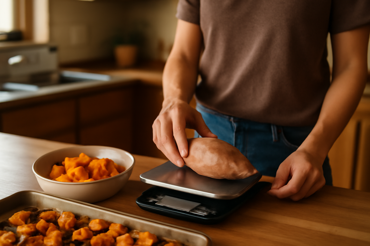 patate douce calories : repères selon la cuisson, sur une table de cuisine avec balance