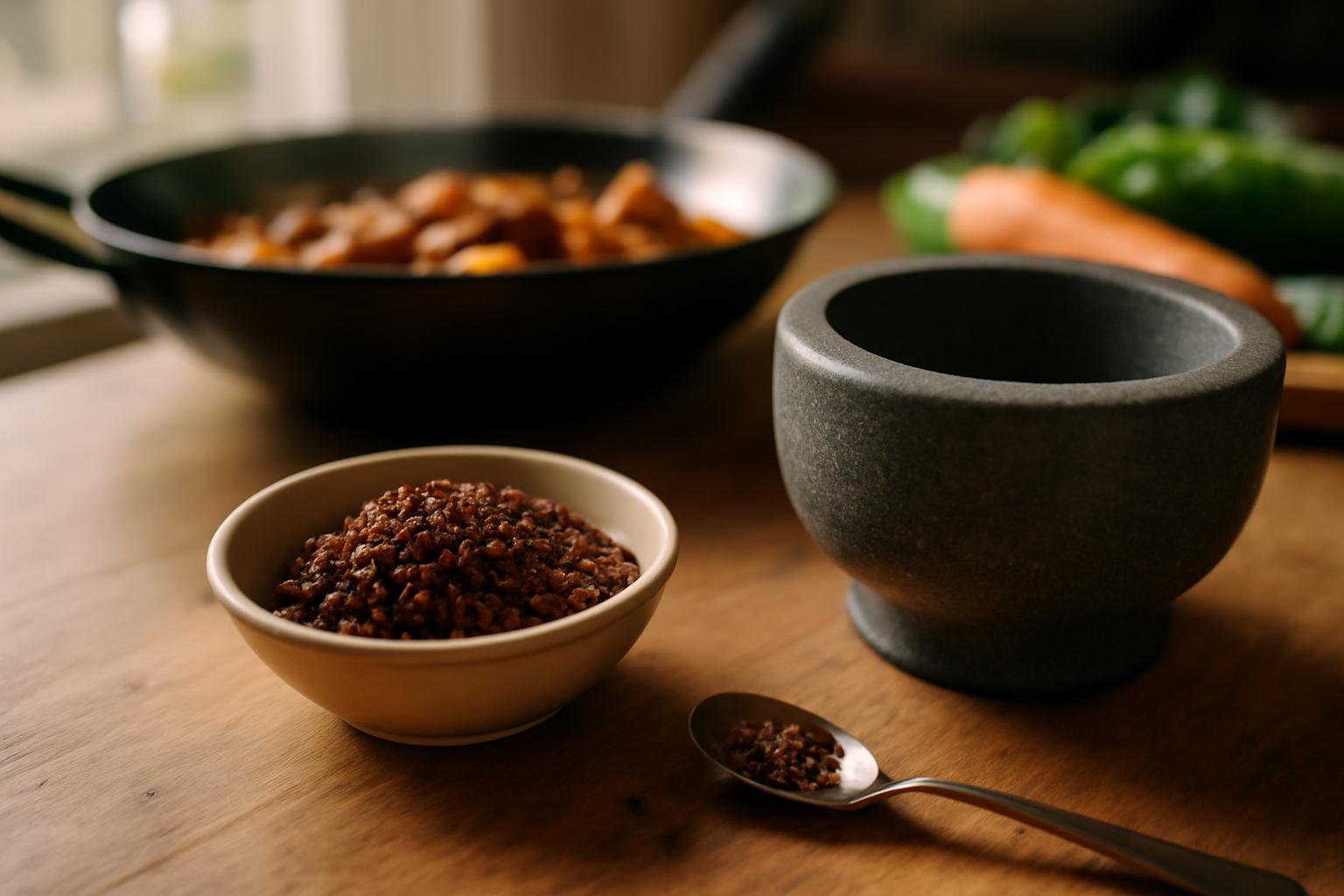 Poivre de Sichuan danger : grains de poivre de Sichuan et bol d’épices sur une table de cuisine, lumière du matin